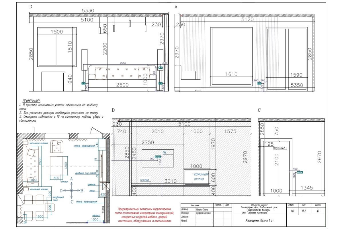 Пример дизайн-проекта: развертки кухня, 1 этаж