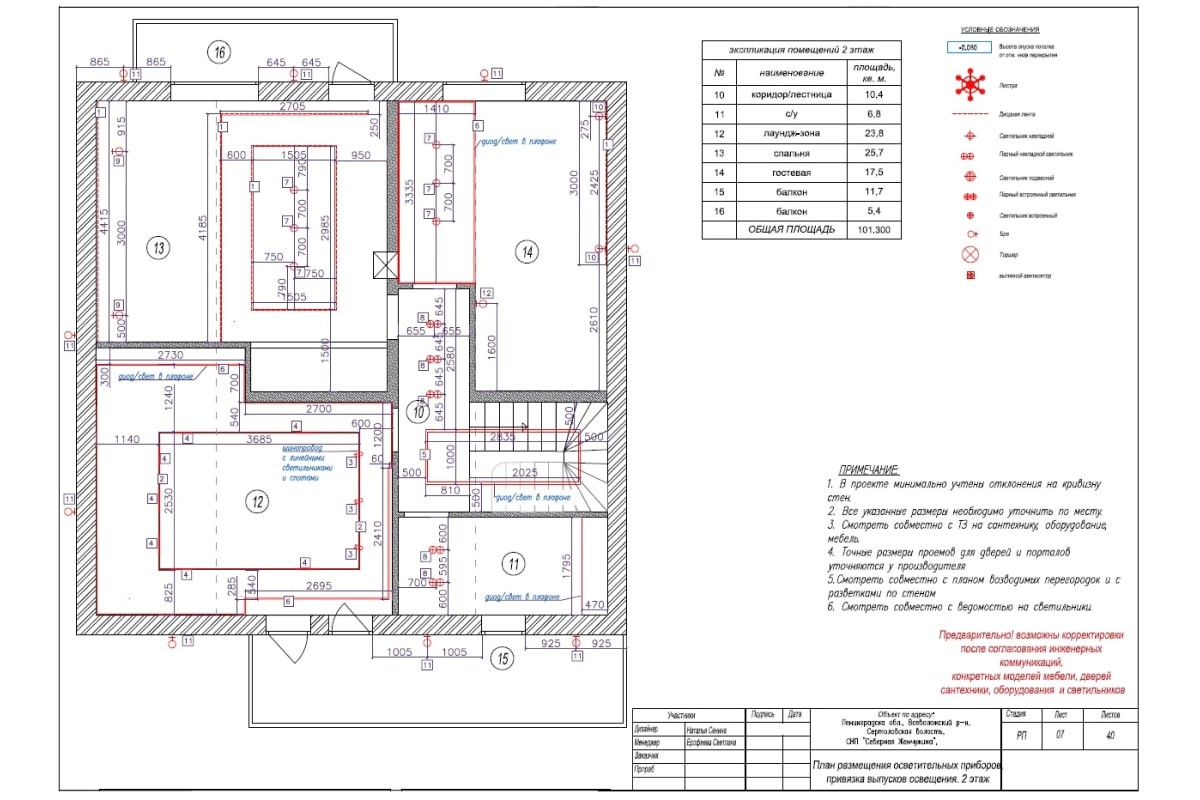 Пример дизайн-проекта: план размещения осветительных приборов, 2 этаж