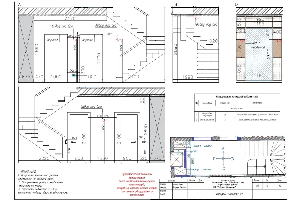 Пример дизайн-проекта: развертки коридор, 1 этаж