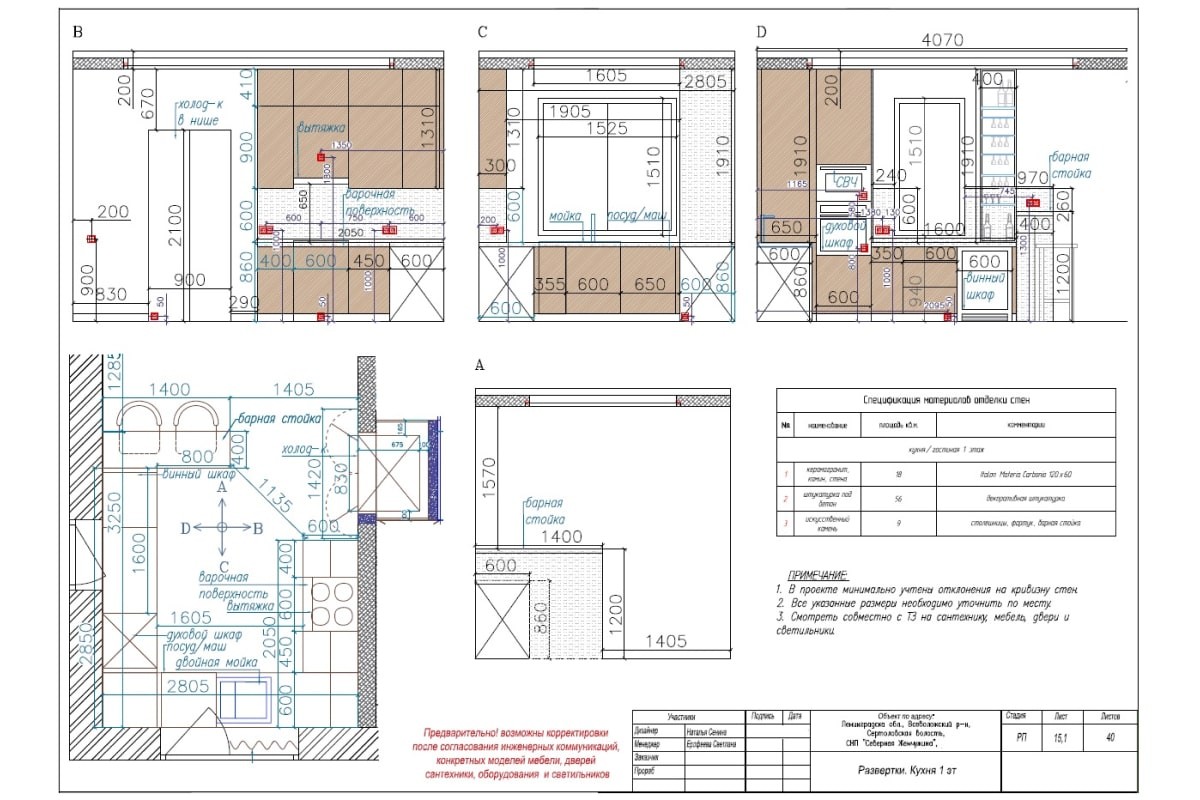 Пример дизайн-проекта: развертки кухня (отделка стен), 1 этаж